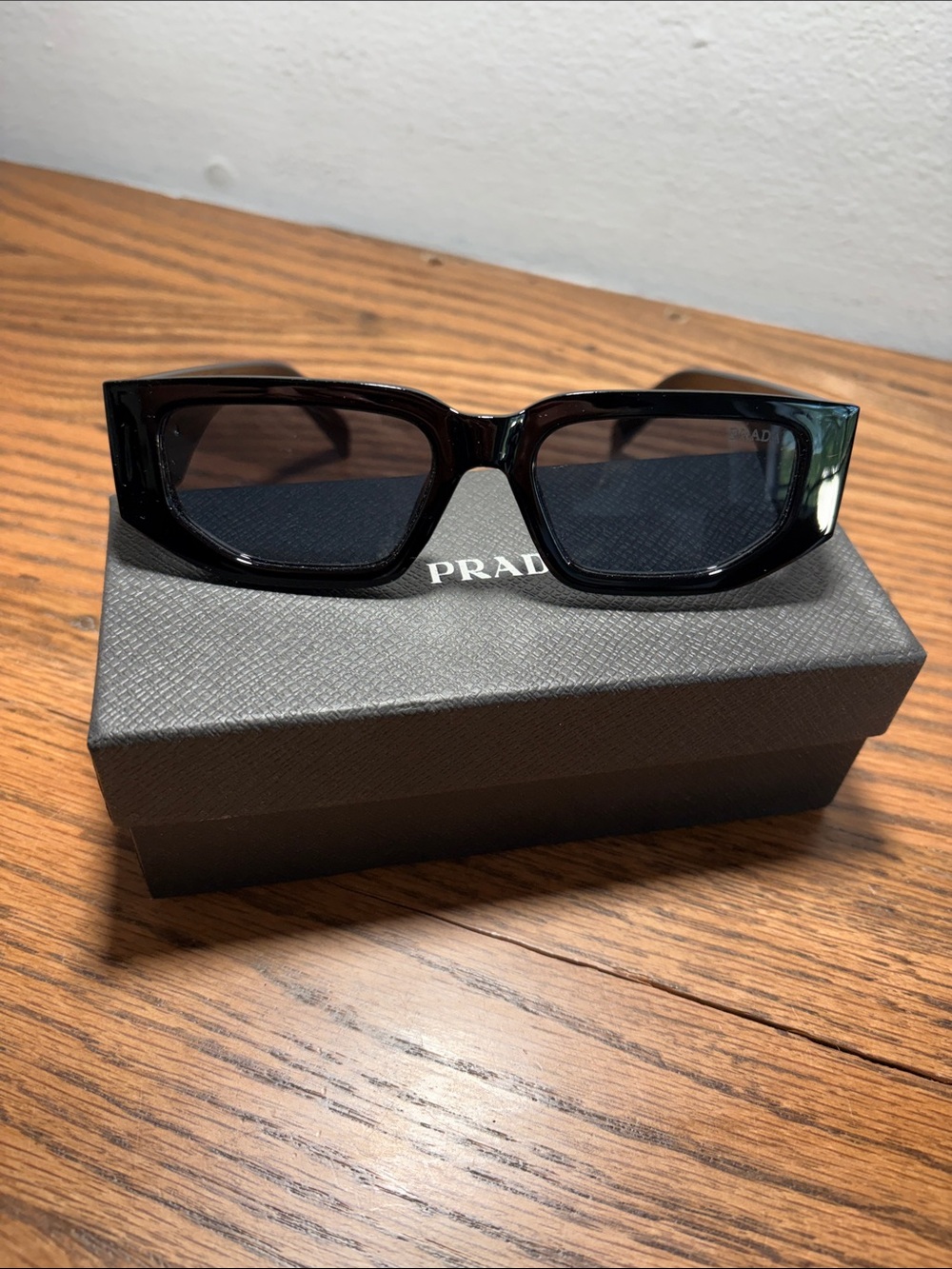 Prada Black Rectangular Sunglasses with Dark Lenses